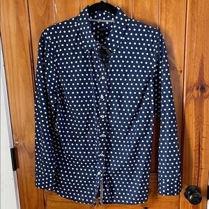 Talbots Petites navy and white Polkadot long sleeve button down LP Cotton large
